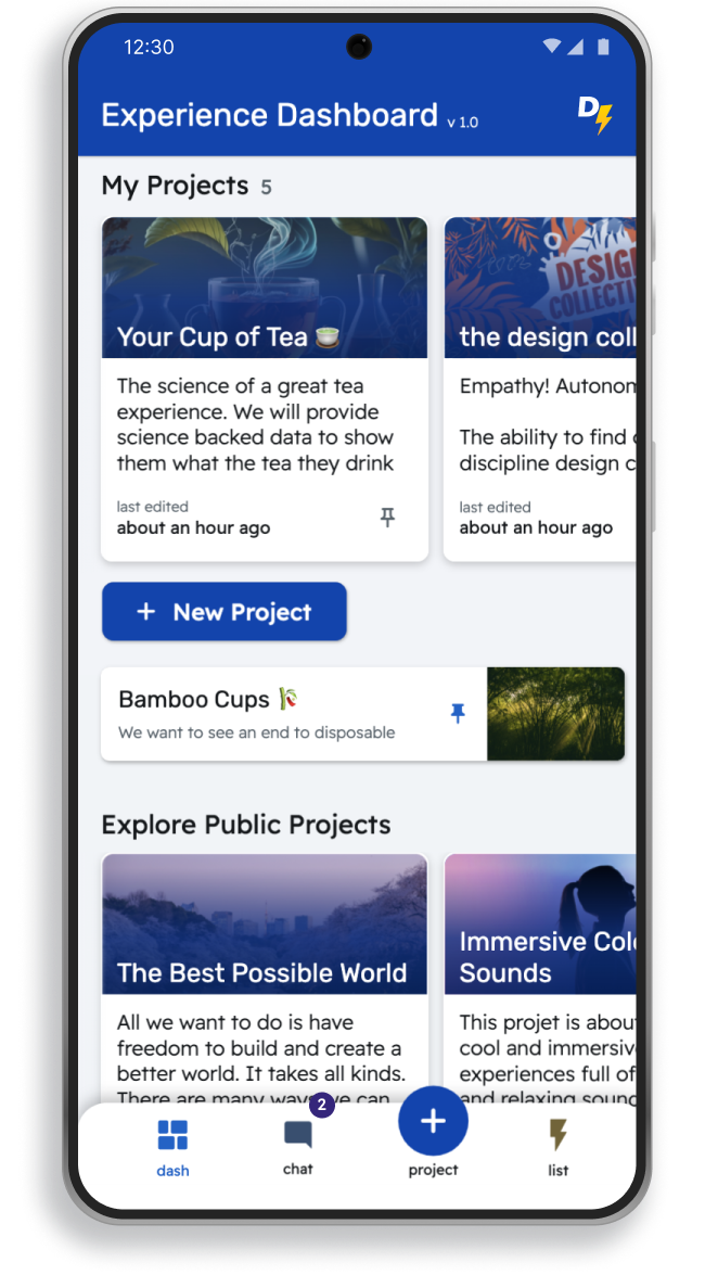 Mobile phone screen showing the home page of the experience builder