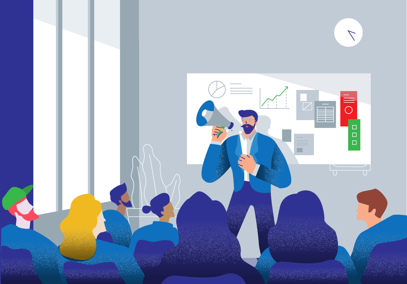 Illustration of a team gathered in a meeting room as one person speaks in front of a whiteboard.