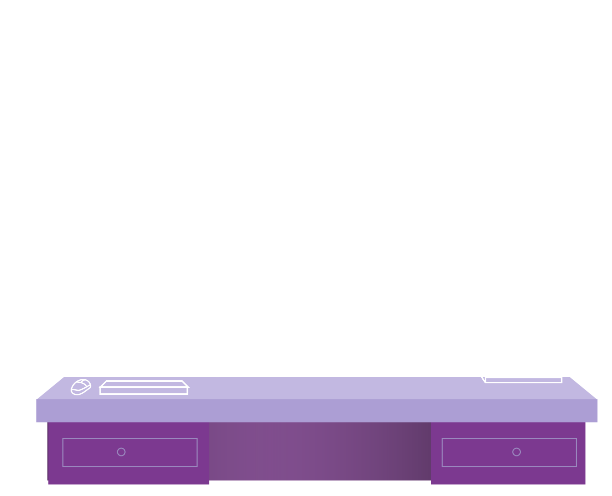 a purple desk with a plant and computer on it