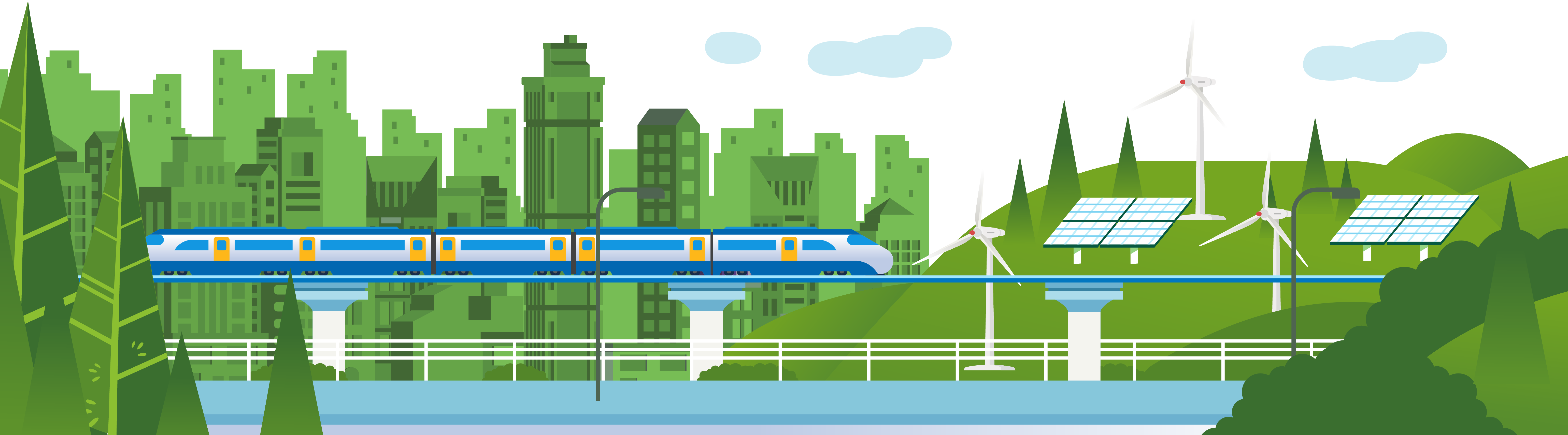Flat illustration of a green city skyline behind an elevated commuter train, a road carrying a van, a car and a minibus, and hills planted with wind turbines and solar panels.