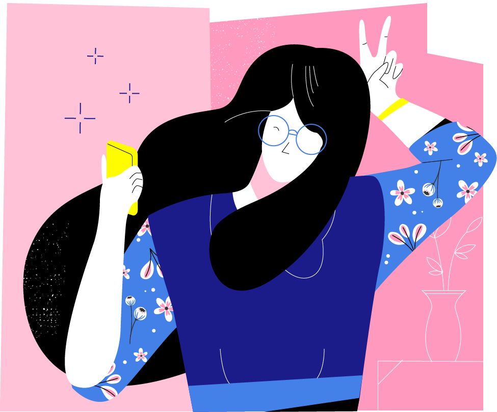 Illustration of a girl taking a selfie and giving herself bunny ears.